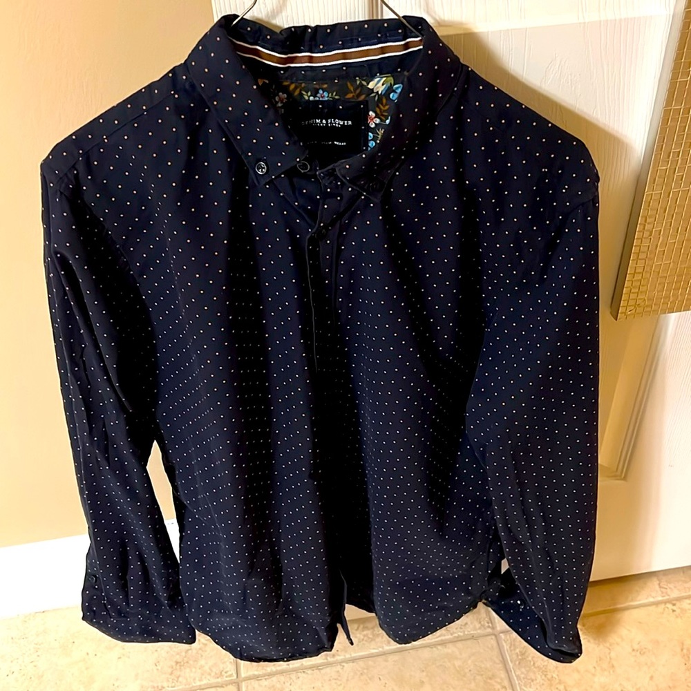Navy Blue with copper polka dots Denim & Flowers. Great condition